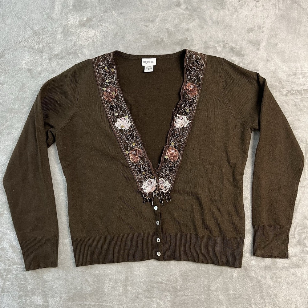 Together Cardigan Sweater Womens XL Brown Floral Beaded Sequin Boho Button Front